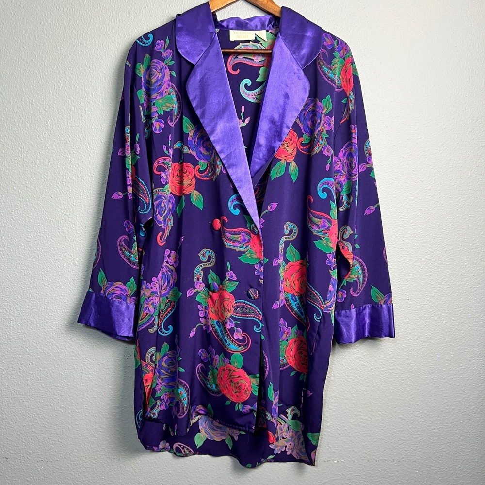 Victorias Secret Gold Label Floral Paisley Satin Sleep‎ Shirt Purple 90s Boudoir